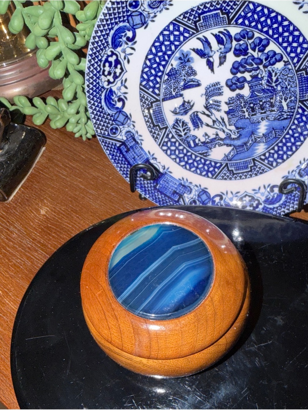 Vintage Handcrafted Wood & Blue Agate Trinket Box